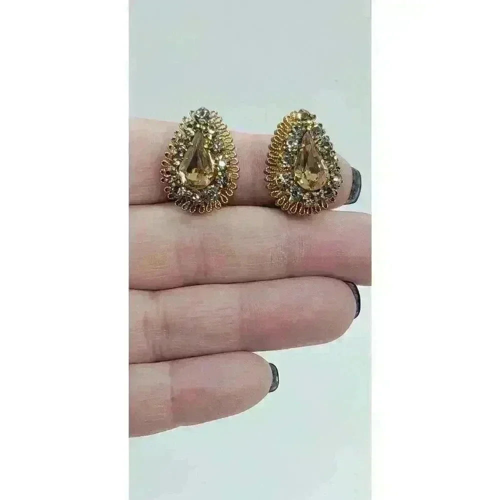 Vintage Earrings Clip Gold Filigree Topaz & Blue Rhinestone Drama Fancy Clip